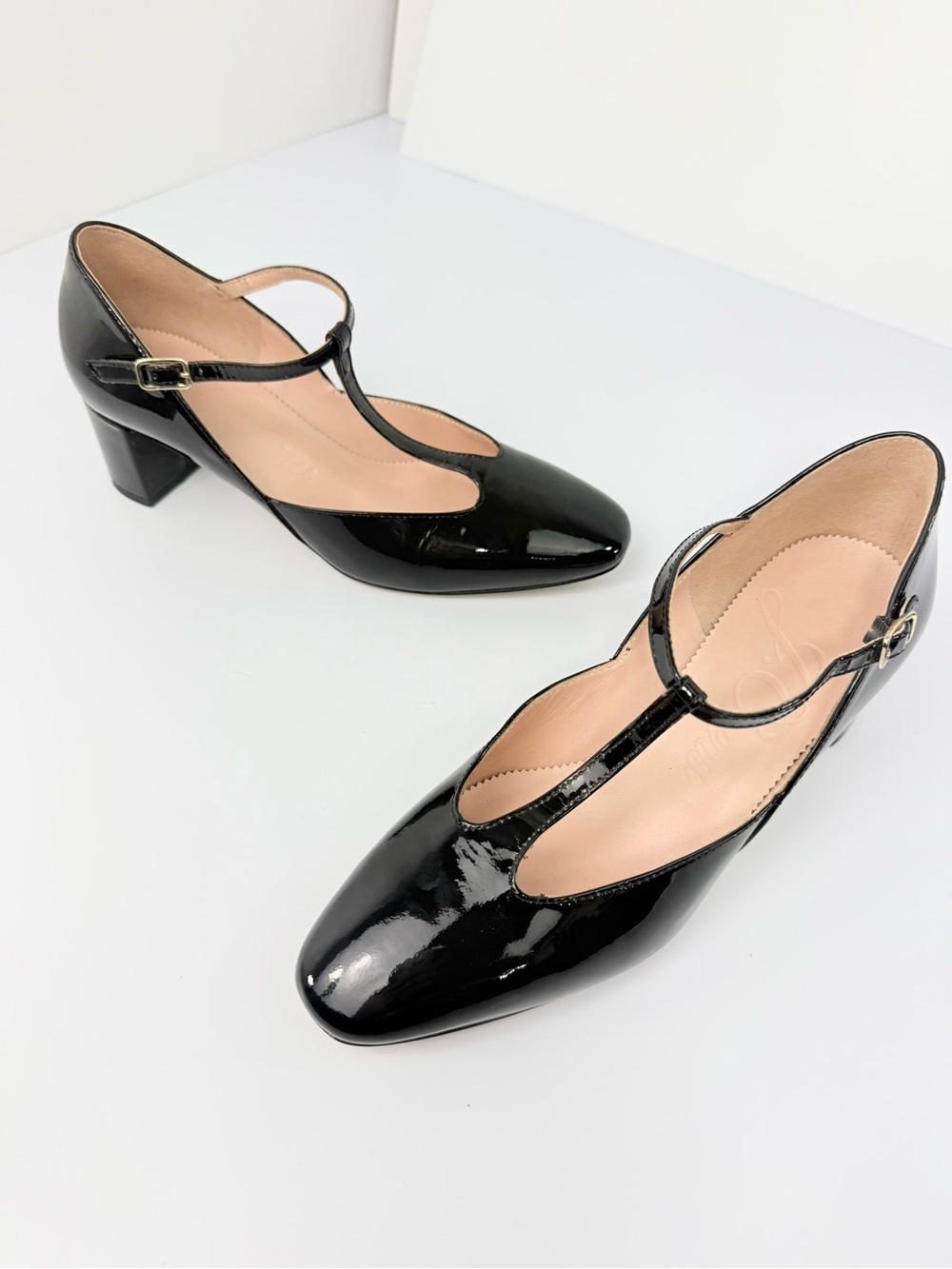 J. Crew MILLIE Black Patent Leather Glossy T Strap Block Heel Classic Shoes - Picture 2 of 15
